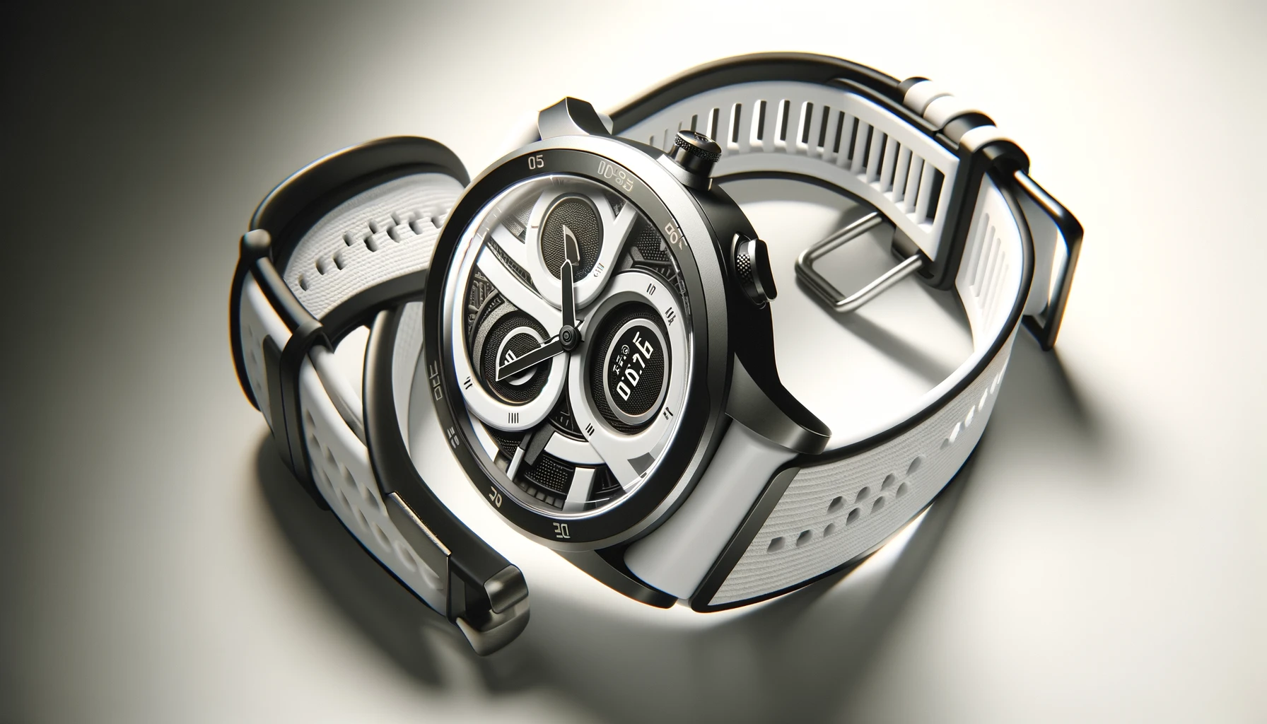 DALL·E-2024-02-29-10.57.06-A-high-definition-image-of-a-modern-sporty-wristwatch-with-a-white-band-and-a-unique-abstract-black-and-white-watch-face-design.-The-wristwatch-shou