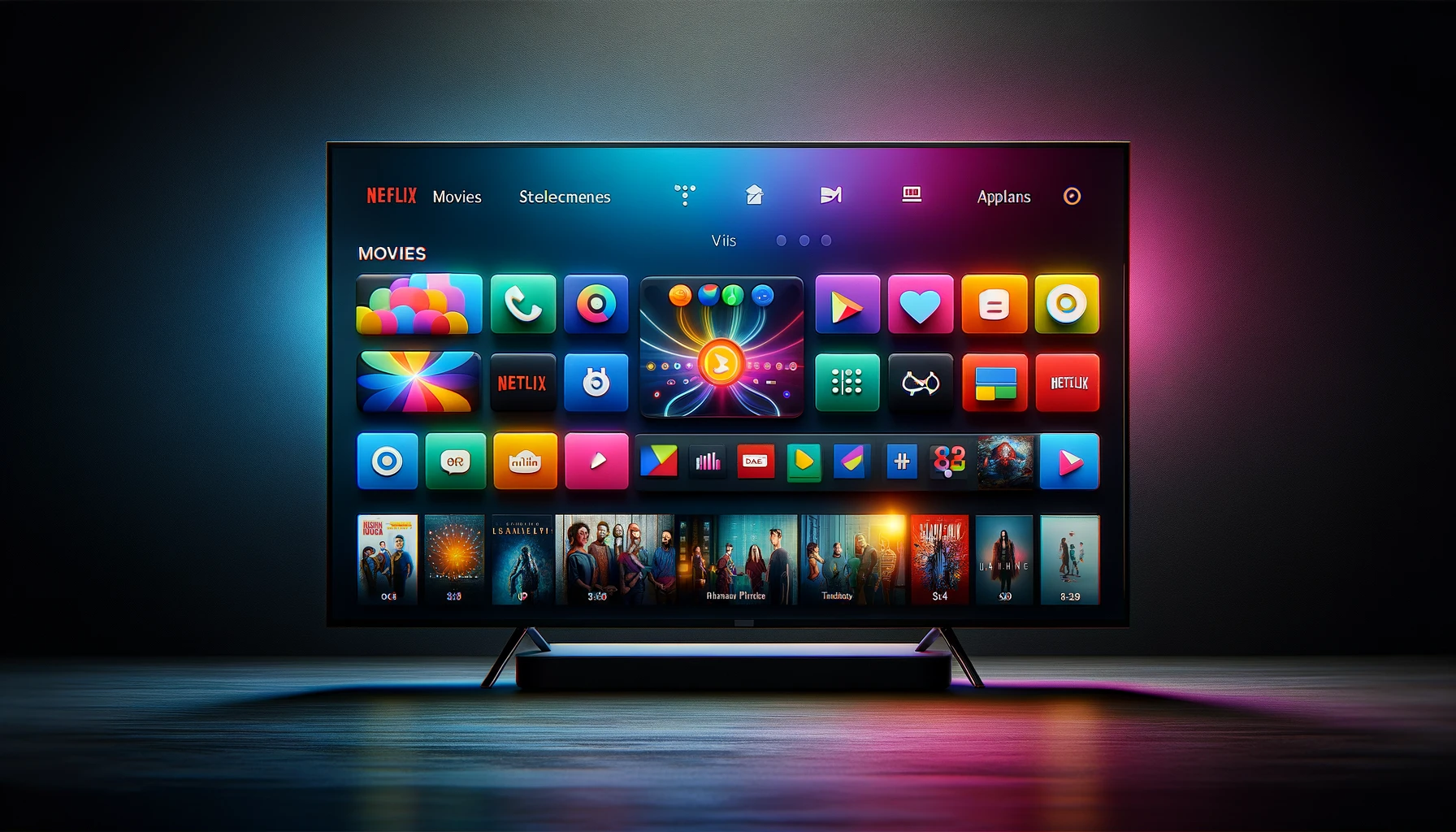 DALL·E-2024-02-29-11.04.28-A-modern-smart-TV-displaying-a-colorful-dashboard-with-various-streaming-service-icons-and-multimedia-content-thumbnails-in-a-dark-room.-The-interface