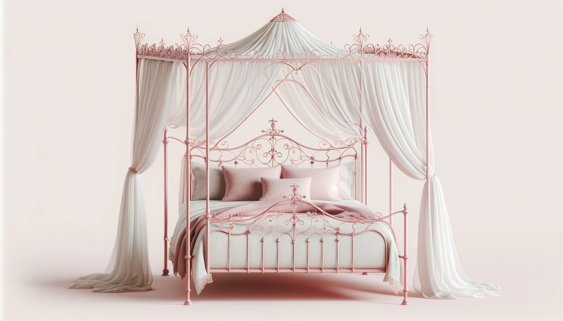 DALL·E-2024-02-29-15.23.48-Create-an-image-of-a-pink-metal-canopy-bed-frame-sized-for-a-90x190-mattress.-The-bed-should-have-a-whimsical-and-delicate-design-featuring-intricate