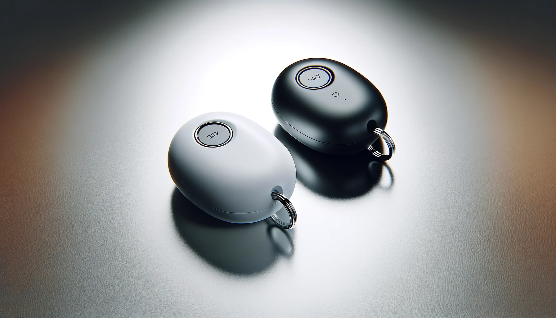 DALL·E-2024-03-01-05.02.17-A-high-resolution-image-featuring-two-modern-key-finders-one-in-black-and-one-in-white-placed-side-by-side.-Each-key-finder-has-a-smooth-pebble-lik