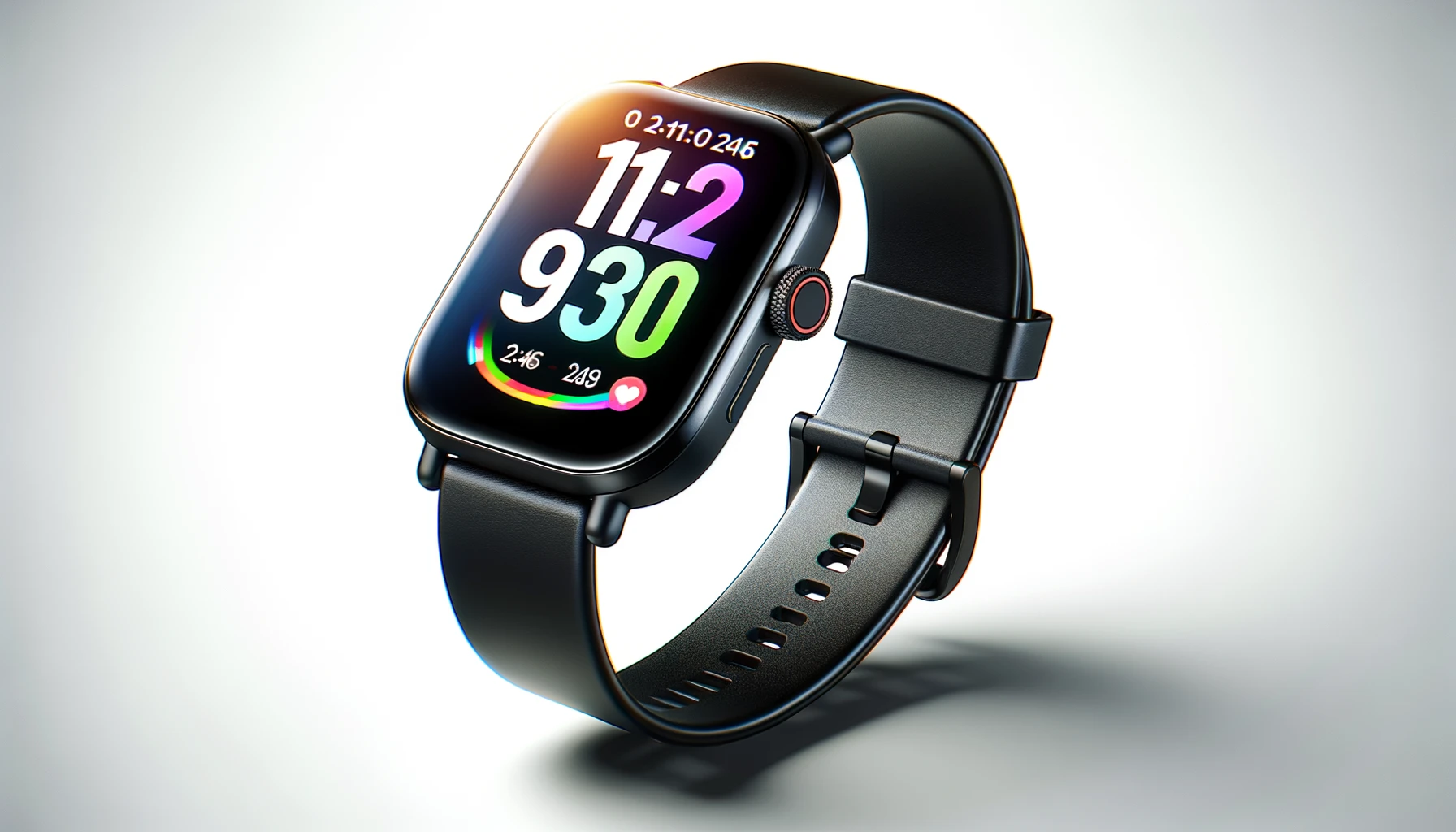 DALL·E-2024-03-01-05.07.56-A-high-resolution-image-of-a-smartwatch-with-a-black-strap-on-a-white-background.-The-smartwatch-has-a-square-face-with-rounded-corners-displaying-a-