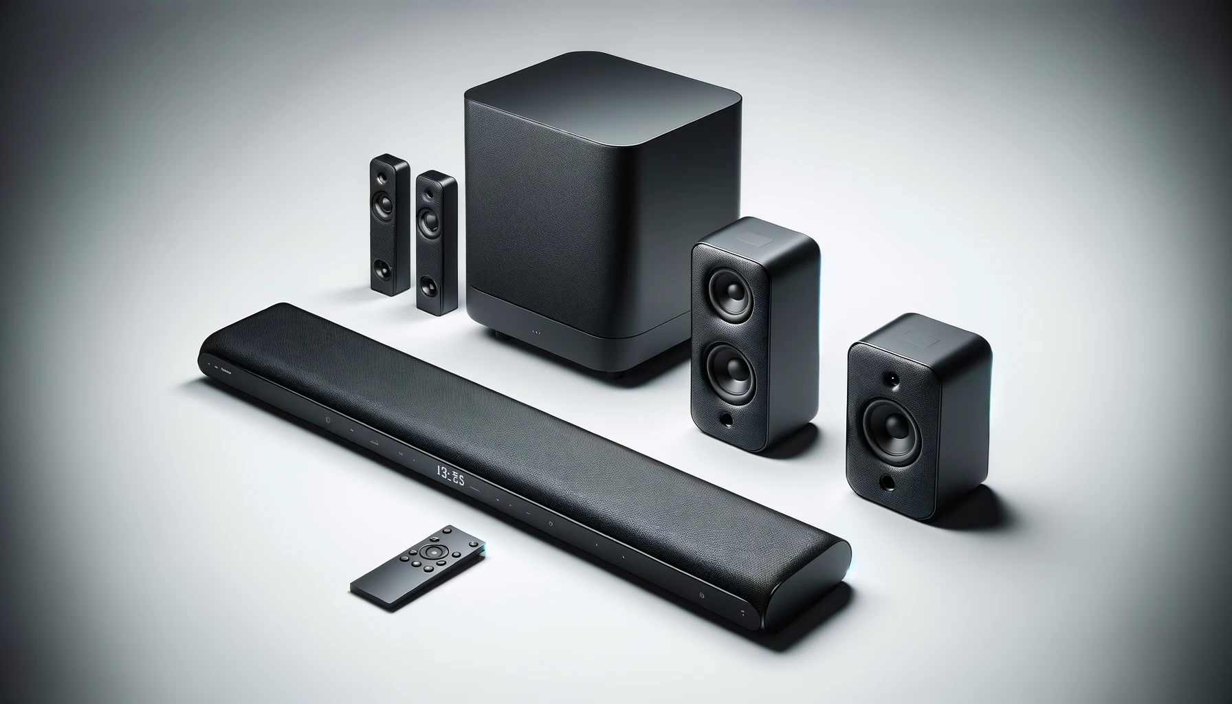 DALL·E-2024-03-01-05.57.27-A-sleek-modern-black-home-theater-sound-system-with-a-central-sound-bar-two-smaller-satellite-speakers-one-larger-subwoofer-and-a-remote-control-