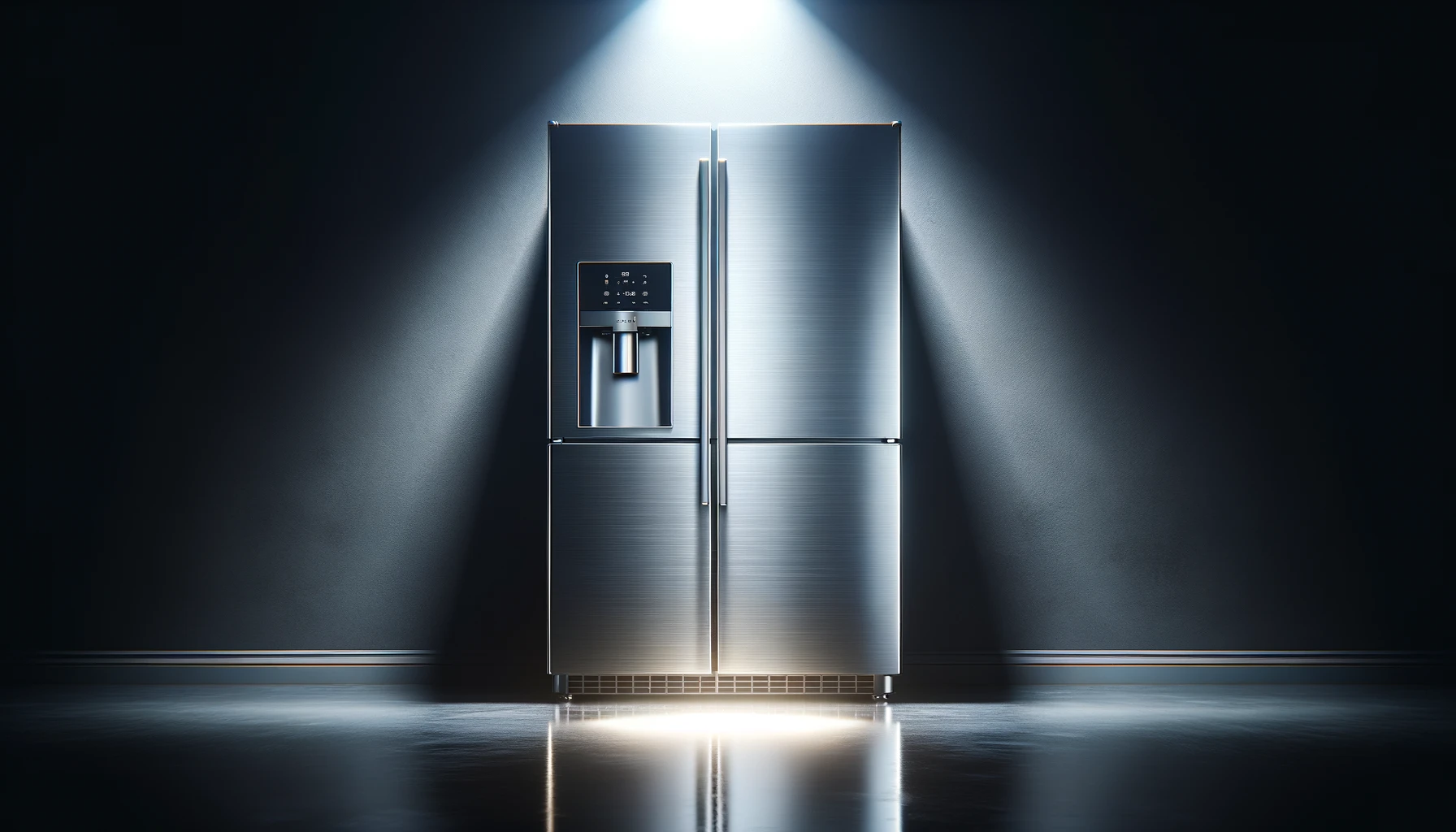 DALL·E-2024-03-01-06.18.51-A-modern-double-door-refrigerator-with-a-sleek-stainless-steel-finish-standing-in-a-dimly-lit-environment-reflecting-a-soft-light-on-its-surface.-Th
