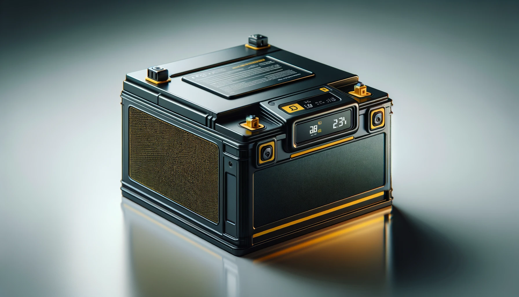 DALL·E-2024-03-01-13.40.59-A-realistic-photo-of-a-modern-portable-black-car-battery-with-yellow-accents-and-a-digital-display-on-the-front-showing-voltage-and-other-electrica