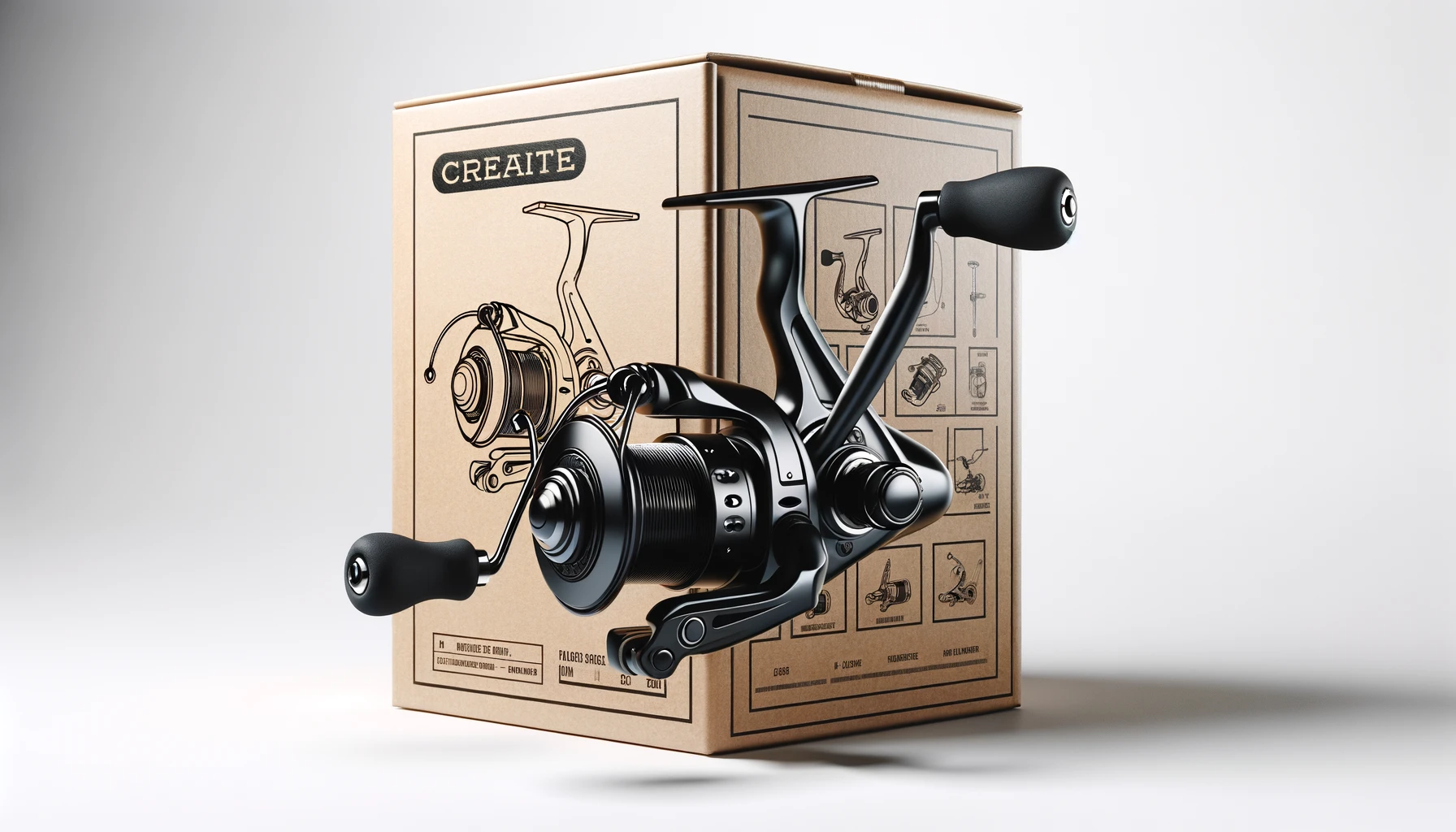 DALL·E-2024-03-01-14.18.56-Create-a-photorealistic-image-of-a-fishing-reel-in-front-of-its-packaging-box-on-a-white-background.-The-reel-is-positioned-to-the-left-side-of-the-im