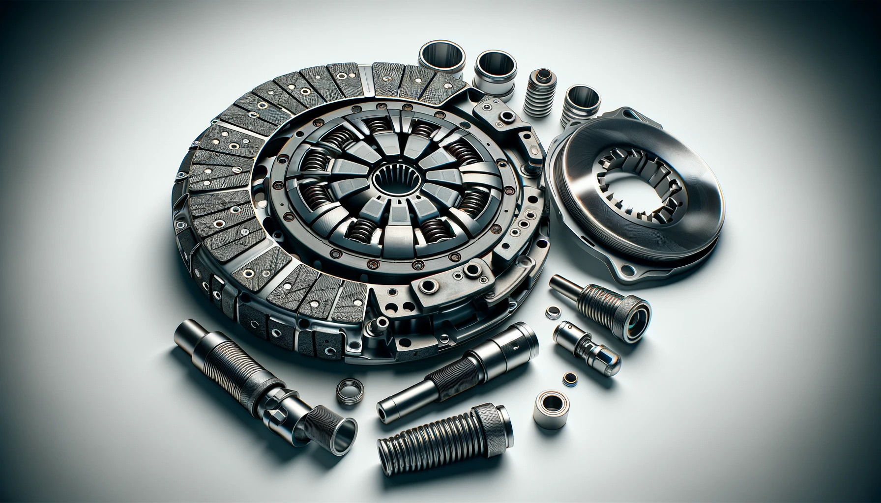 DALL·E-2024-03-01-14.22.27-Create-a-photorealistic-image-of-a-car-clutch-kit-on-a-white-background.-The-kit-includes-a-clutch-disc-a-pressure-plate-and-a-release-bearing.-The-