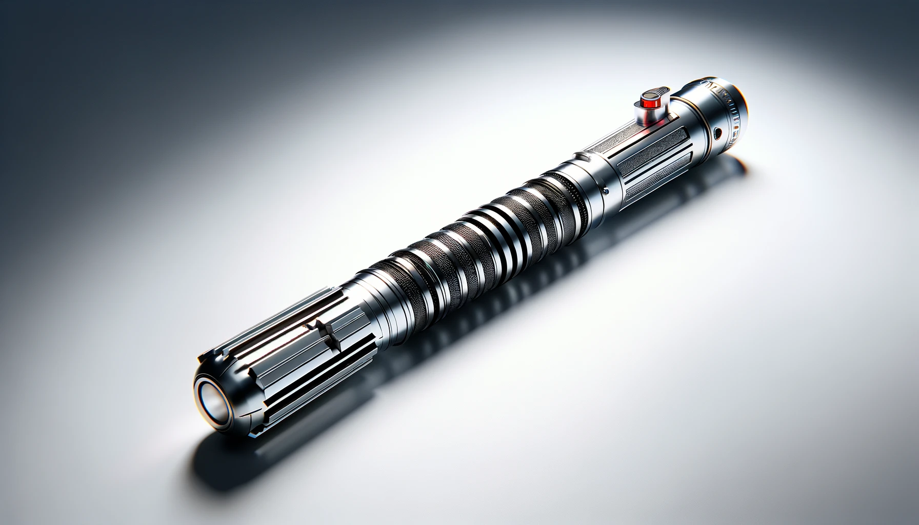 DALL·E-2024-03-01-14.53.40-A-sleek-metallic-lightsaber-with-a-detailed-hilt-featuring-silver-and-black-patterns-and-a-red-hand-grip.-The-lightsaber-is-deactivated-with-a-visibl
