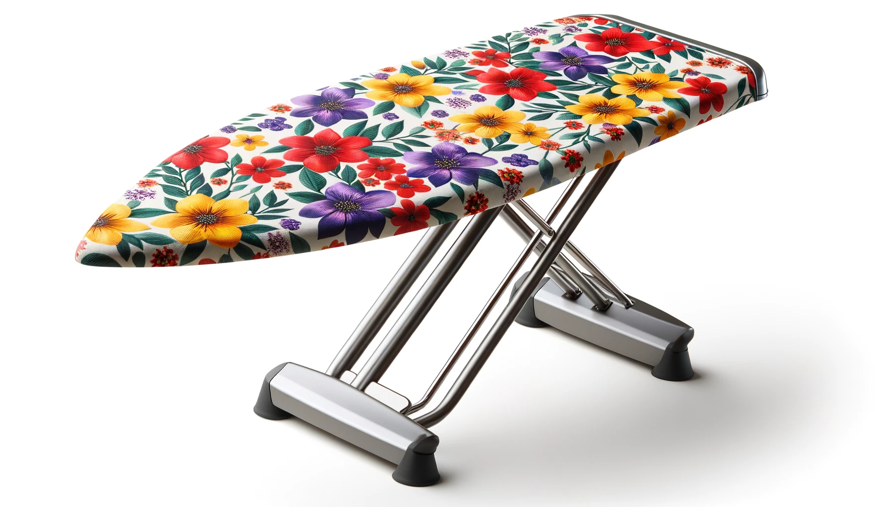 DALL·E-2024-03-01-14.56.38-A-modern-ironing-board-with-a-vibrant-multicolored-floral-pattern-cover-consisting-of-red-yellow-purple-and-blue-flowers-with-green-leaves-on-a-w