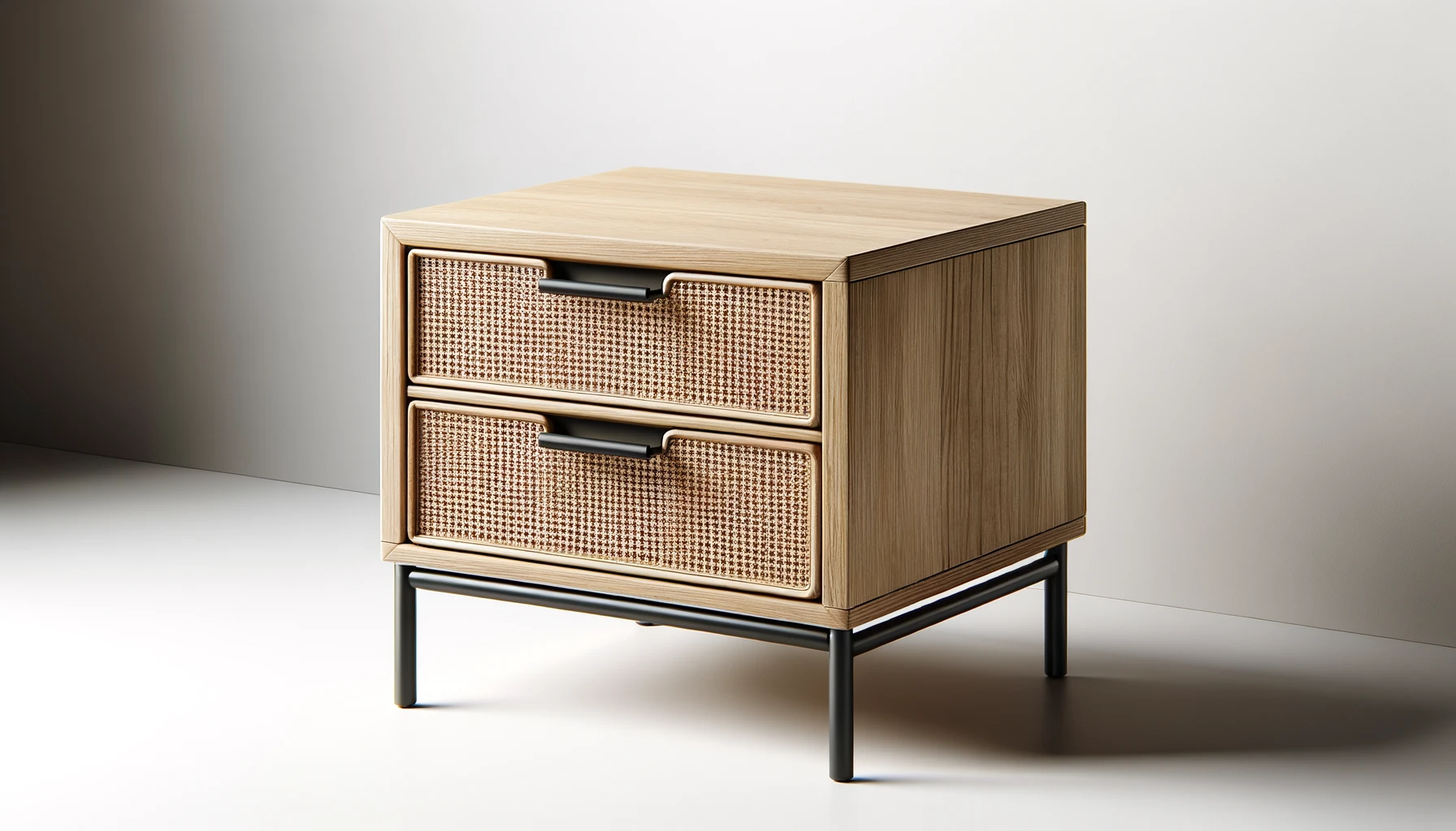 DALL·E-2024-03-01-16.17.39-A-modern-bedside-table-featuring-a-natural-oak-finish-with-two-drawers.-The-drawers-have-a-rattan-cane-webbing-front-panel-creating-a-stylish-texture