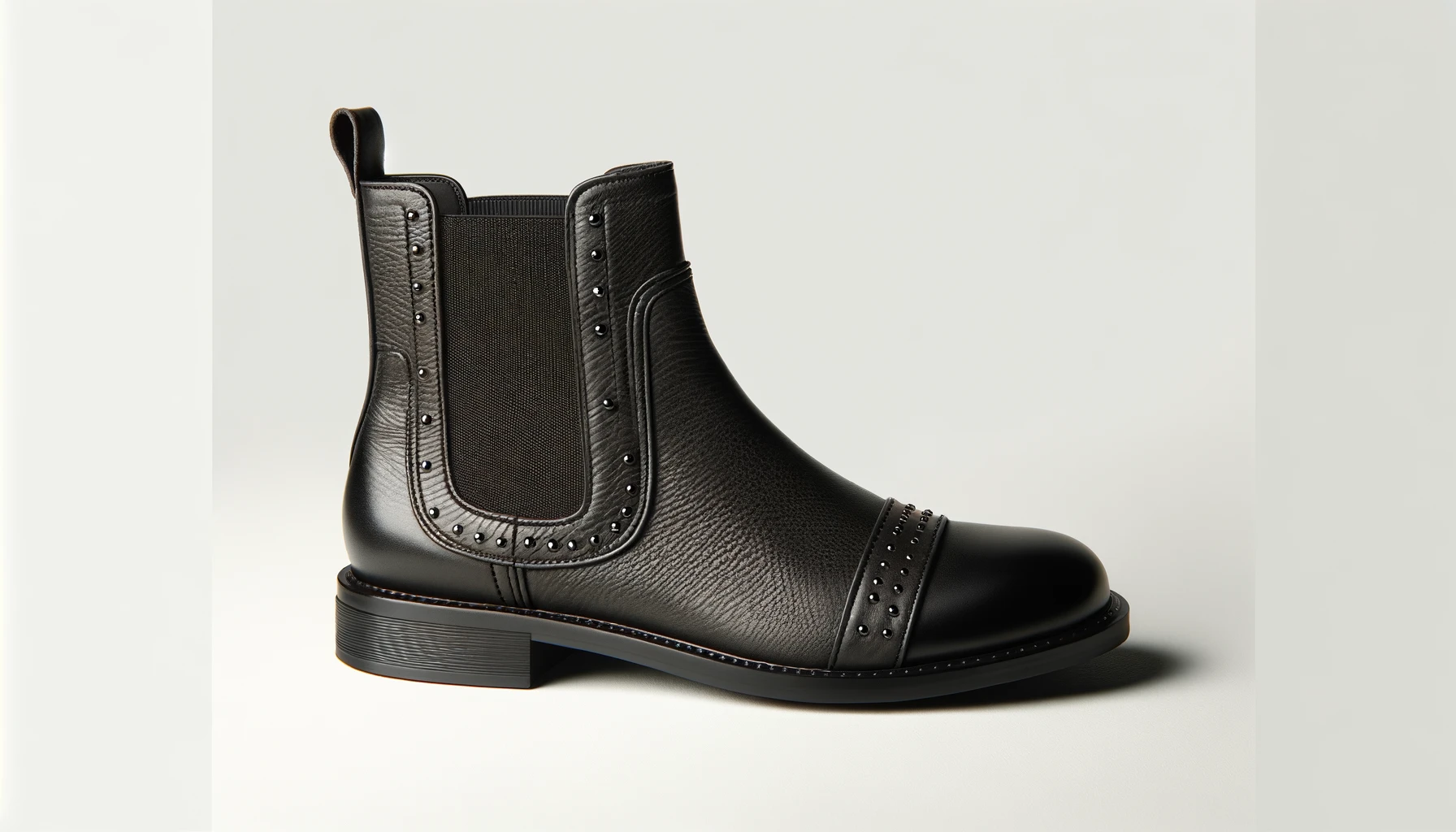 DALL·E-2024-03-01-18.44.14-A-single-flat-ankle-boot-with-a-sleek-black-leather-upper-featuring-elasticated-side-panels-for-easy-slip-on.-The-boot-is-adorned-with-small-shiny-s