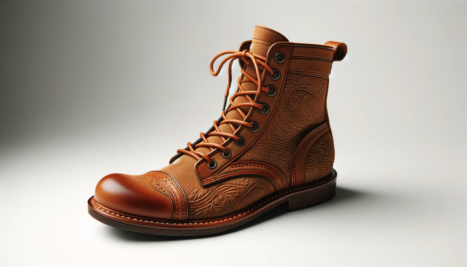DALL·E-2024-03-01-18.57.20-A-stylish-high-top-bootie-crafted-from-embossed-suede-leather-in-a-warm-caramel-hue-featuring-a-laced-up-front-with-matching-caramel-colored-laces.-T