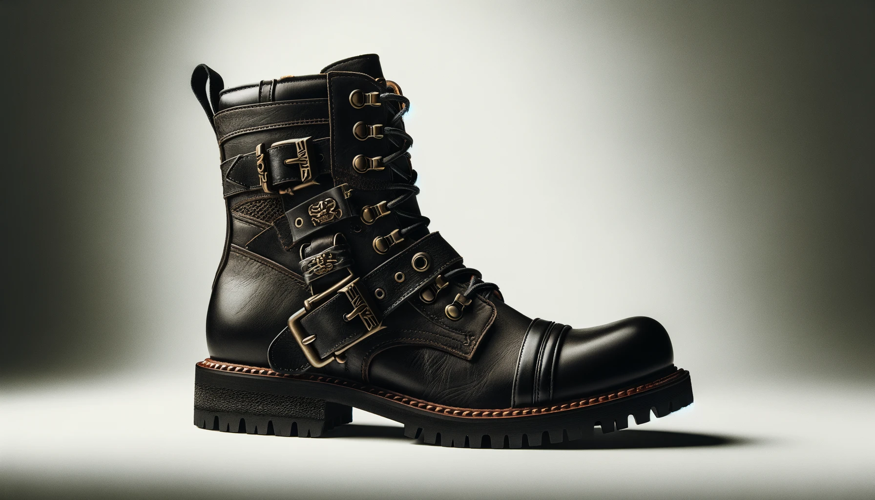 DALL·E-2024-03-01-19.05.41-A-single-biker-style-bootie-featuring-a-robust-black-leather-exterior-with-a-lace-up-front-and-large-gold-tone-eyelets.-The-bootie-is-accented-with-a-