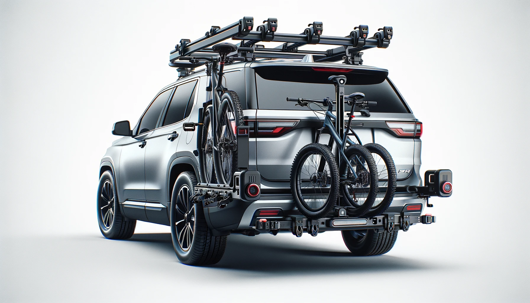 DALL·E-2024-03-09-16.04.52-A-high-definition-image-of-a-cars-rear-mounted-bike-rack.-The-rack-is-attached-to-a-silver-SUV-and-can-hold-multiple-bicycles-each-secured-by-indivi