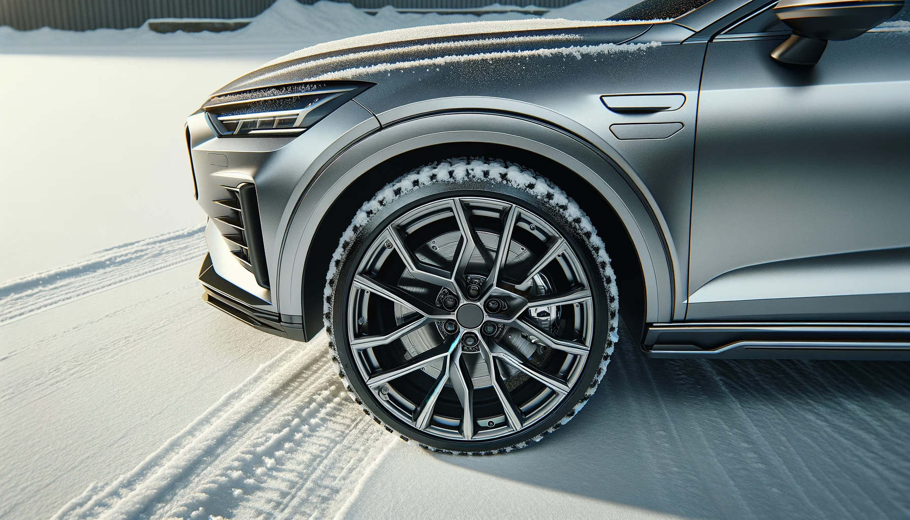 DALL·E-2024-03-09-16.18.58-A-detailed-high-definition-photograph-showcasing-a-section-of-a-modern-silver-cars-side-profile-focused-on-the-front-wheel.-The-wheel-has-a-multi-sp