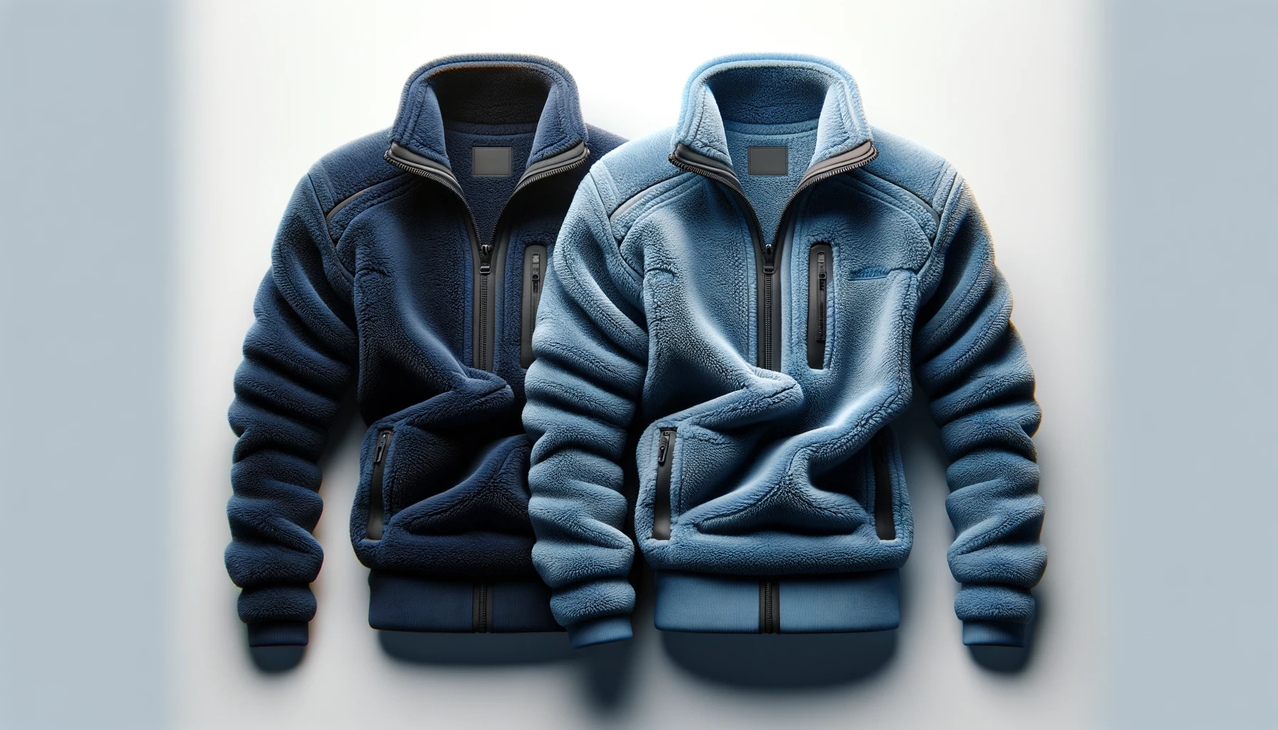 DALL·E-2024-03-09-16.26.56-A-realistic-high-definition-photograph-of-two-fleece-jackets-one-in-dark-blue-and-the-other-in-light-blue.-Both-jackets-have-a-full-length-zipper-h
