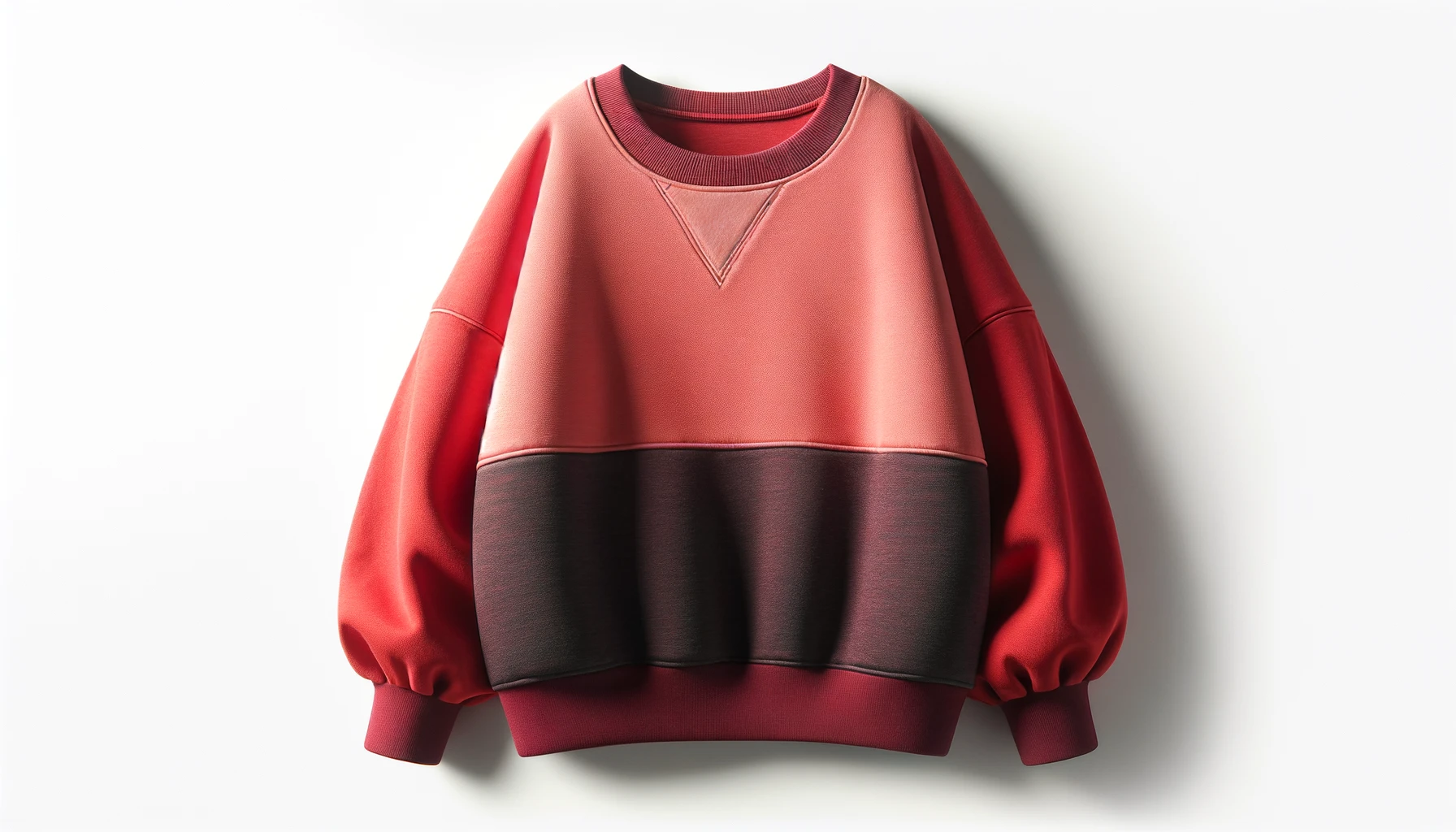 DALL·E-2024-03-09-20.26.24-Image-of-a-casual-crew-neck-sweatshirt.-The-sweatshirt-has-a-color-block-design-with-a-bright-coral-top-half-and-a-dark-burgundy-bottom-half.-It-has-l