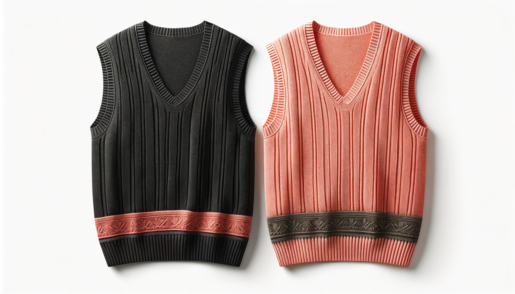 DALL·E-2024-03-09-21.19.08-Two-sleeveless-knit-vests-one-coral-pink-and-the-other-black-isolated-on-a-white-background.-Each-vest-features-a-deep-V-neck-and-is-displayed-flat