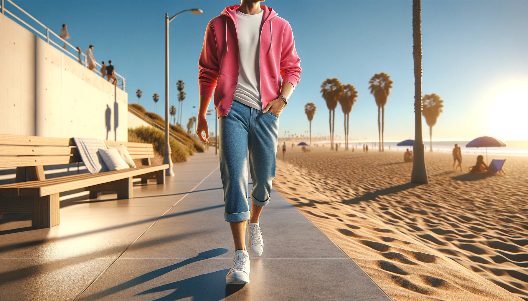DALL·E-2024-03-11-10.23.47-Create-a-realistic-image-of-a-person-walking-along-a-sunny-beach-promenade.-The-person-is-wearing-a-bright-pink-zip-up-hoodie-a-white-t-shirt-and-ca