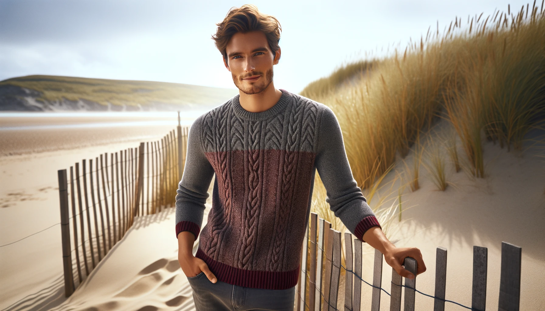 DALL·E-2024-03-11-12.10.54-A-16_9-full-HD-image-of-a-person-standing-by-a-beach-dune-fence.-They-are-dressed-in-a-pullover-that-has-a-maroon-yoke-and-sleeves-and-a-grey-body-wi