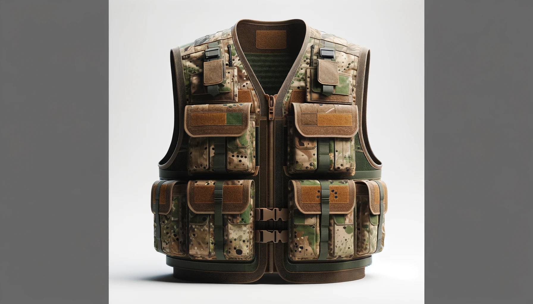 DALL·E-2024-03-11-12.16.51-A-wide-16_9-full-HD-image-of-a-camouflage-fishing-vest.-The-vest-is-adorned-with-a-woodland-camo-pattern-consisting-of-brown-green-and-black-patches