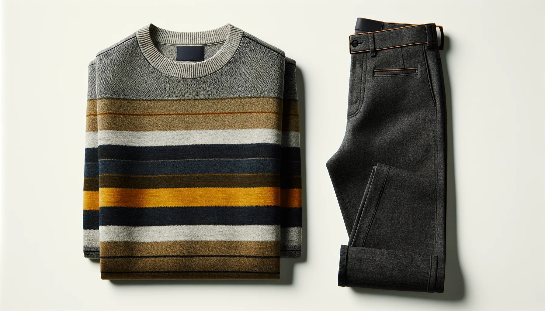 DALL·E-2024-03-11-12.59.25-A-set-of-mens-clothing-laid-flat-on-a-white-background.-The-set-includes-a-pair-of-dark-gray-trousers-and-a-crew-neck-sweater.-The-sweater-has-horizo