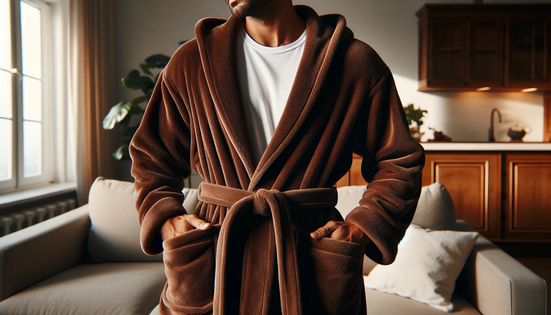 DALL·E-2024-03-11-16.13.00-A-man-standing-comfortably-in-his-home-wearing-a-plush-brown-bathrobe-over-a-white-t-shirt-and-black-lounge-pants.-The-bathrobe-has-a-shawl-collar-a-