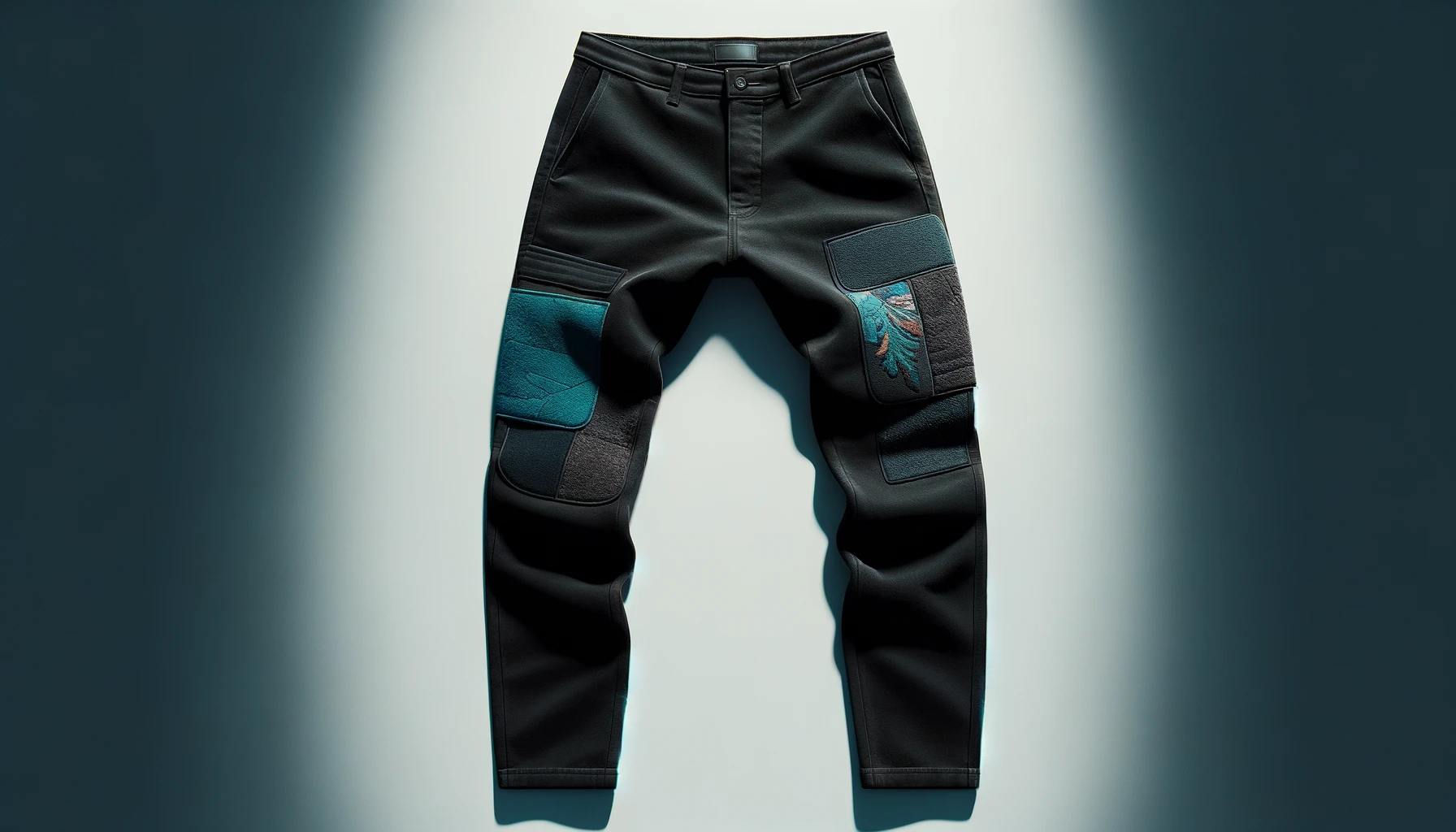 DALL·E-2024-03-11-16.22.39-Create-an-image-of-a-pair-of-black-pants-with-two-visible-patches-on-the-thighs.-The-patches-should-have-a-unique-abstract-design-possibly-in-contra