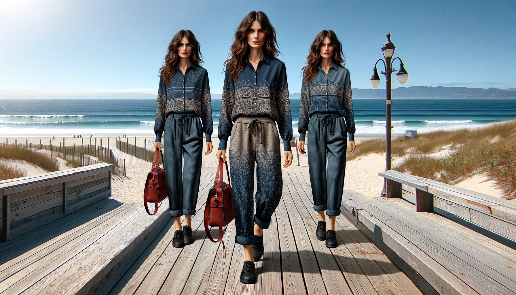 DALL·E-2024-03-11-16.29.13-Create-an-image-of-a-woman-standing-on-a-boardwalk-by-the-beach.-She-is-wearing-a-casual-coordinated-outfit-with-a-patterned-design-that-features-a-c