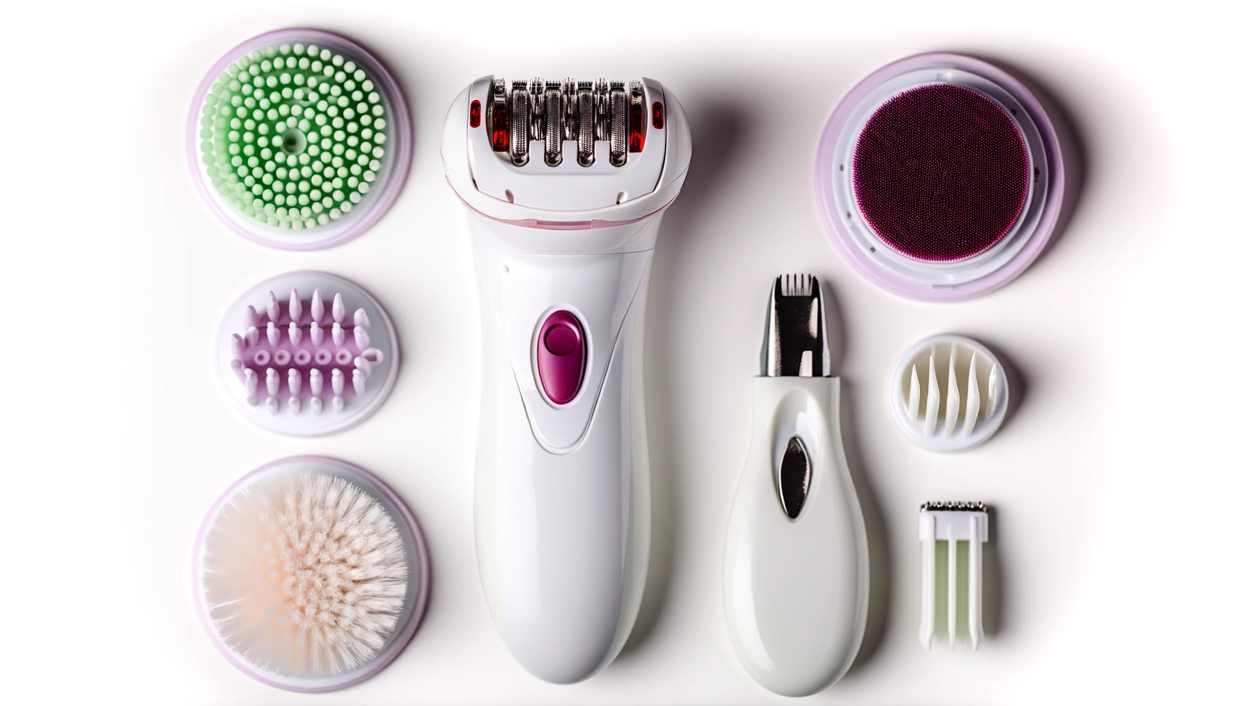 DALL·E-2024-03-12-08.47.29-Create-a-wide-format-image-featuring-a-beauty-set-on-a-white-background.-The-set-includes-a-white-electric-epilator-with-a-soft-pink-accent-around-the