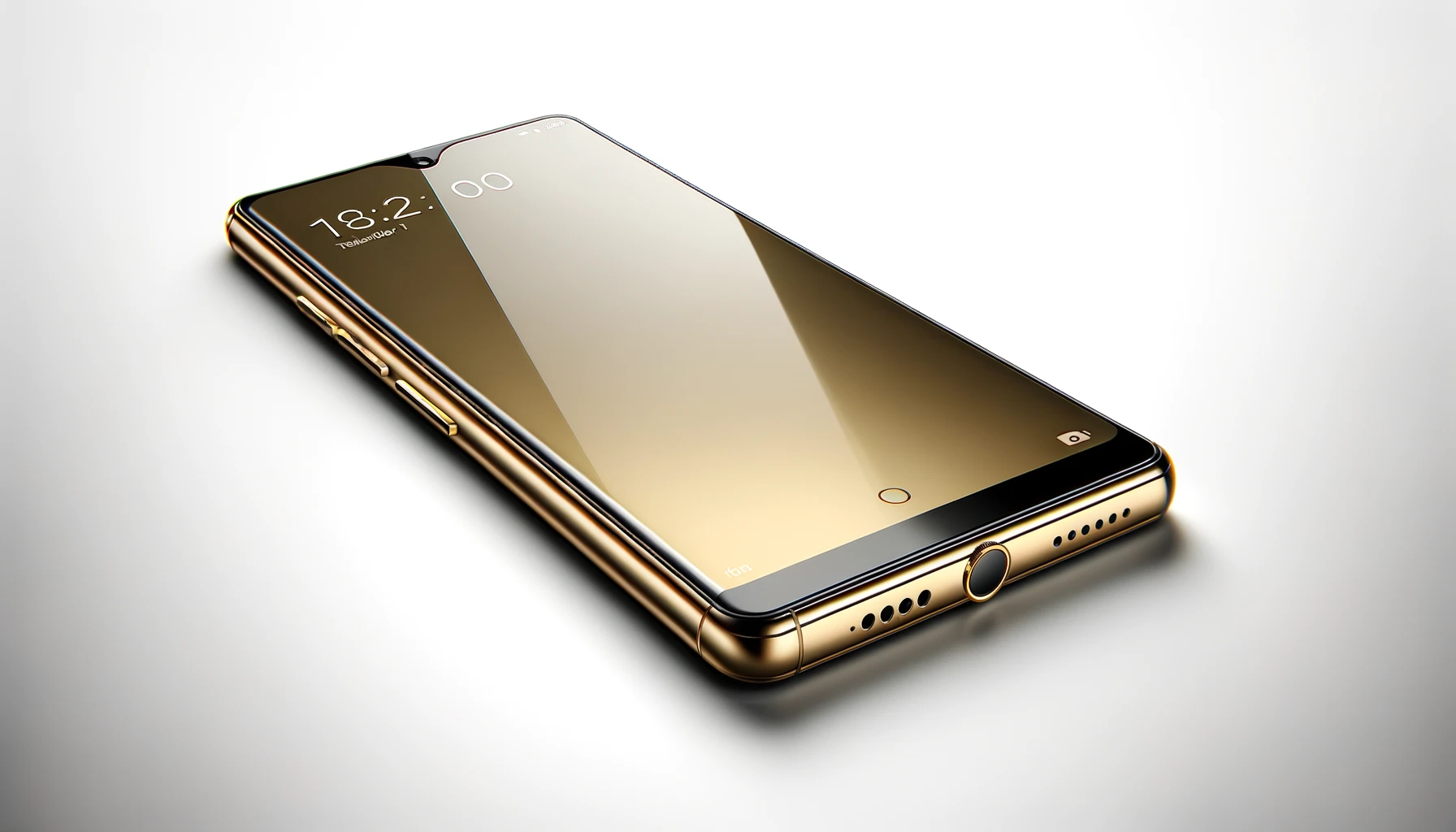 DALL·E-2024-03-17-14.45.02-Create-a-16_9-image-of-a-modern-smartphone-with-a-glossy-gold-back-cover.-The-smartphone-is-angled-to-show-the-front-screen-and-the-bottom-edge-where