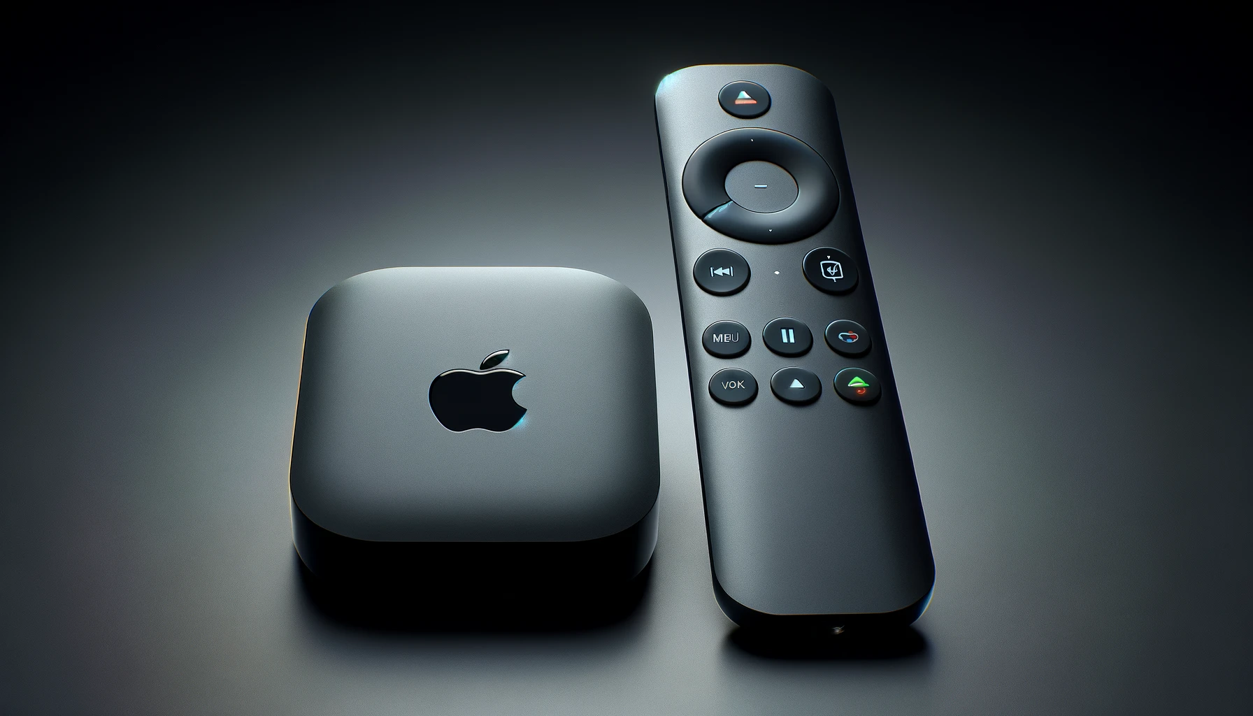 DALL·E-2024-03-18-09.45.45-A-compact-streaming-device-with-a-matte-black-finish.-It-features-a-simple-square-shape-with-rounded-corners-and-a-prominent-fruit-shaped-logo-in-the-