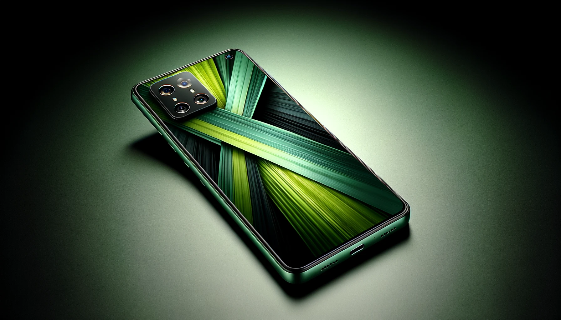 DALL·E-2024-03-18-11.20.47-A-modern-smartphone-with-a-green-finish-on-the-back.-The-phone-has-a-triple-lens-camera-system-arranged-in-a-triangle-within-a-square-protrusion-in-th