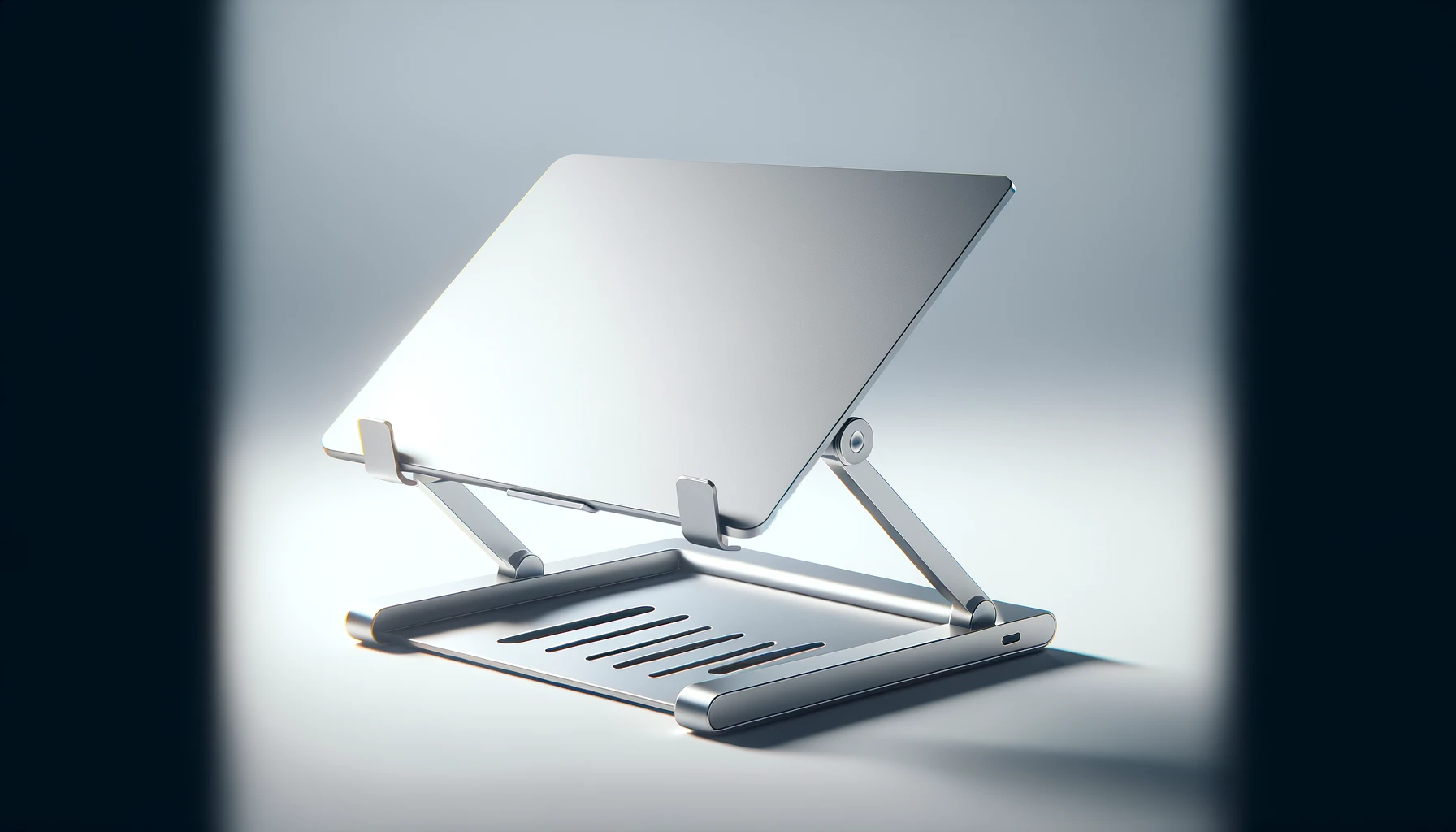 DALL·E-2024-03-18-13.00.16-A-high-definition-16_9-ratio-image-of-a-modern-silver-laptop-stand-on-a-white-background.-The-stand-is-designed-with-a-minimalist-aesthetic-featuri