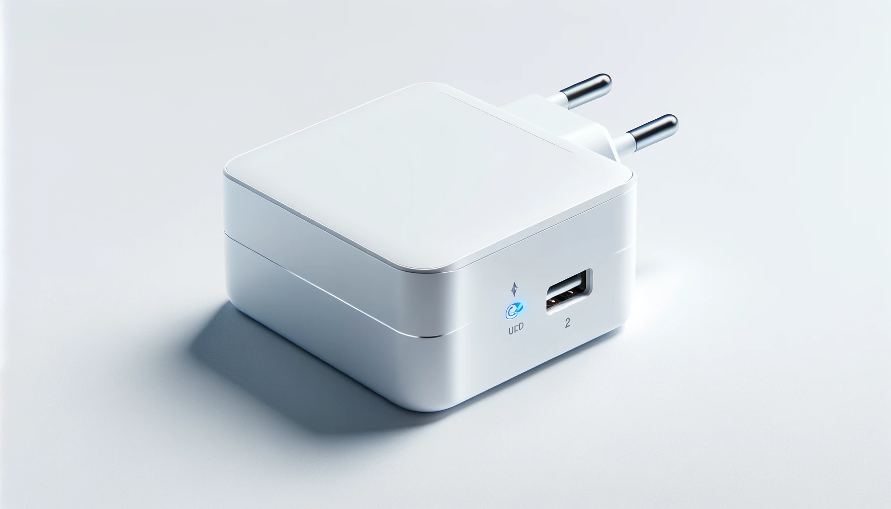 DALL·E-2024-03-18-14.12.35-Create-a-high-definition-16_9-ratio-image-of-a-white-compact-power-adapter-on-a-white-background.-The-power-adapter-should-have-a-square-shape-with-r