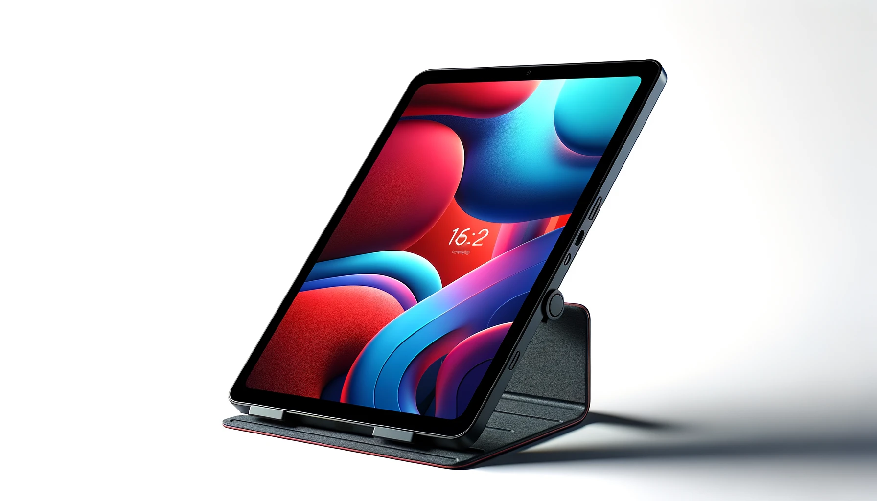 DALL·E-2024-03-18-14.44.50-A-high-definition-wide-16_9-ratio-image-of-a-modern-tablet-with-a-stand-and-a-black-cover-on-a-white-background.-The-tablet-displays-a-vibrant-wallpa