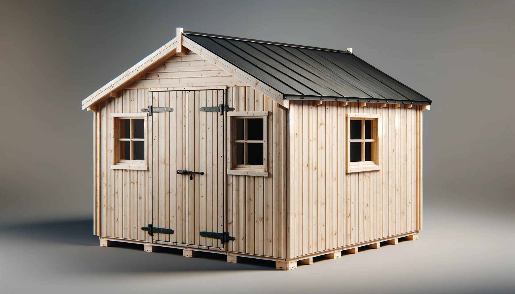 DALL·E-2024-03-18-15.44.00-A-realistic-16_9-photograph-style-image-of-a-Lopun-garden-shed-made-of-spruce-wood-12-mm-thick-covering-an-area-of-4.86-m2.-The-shed-is-light-natura