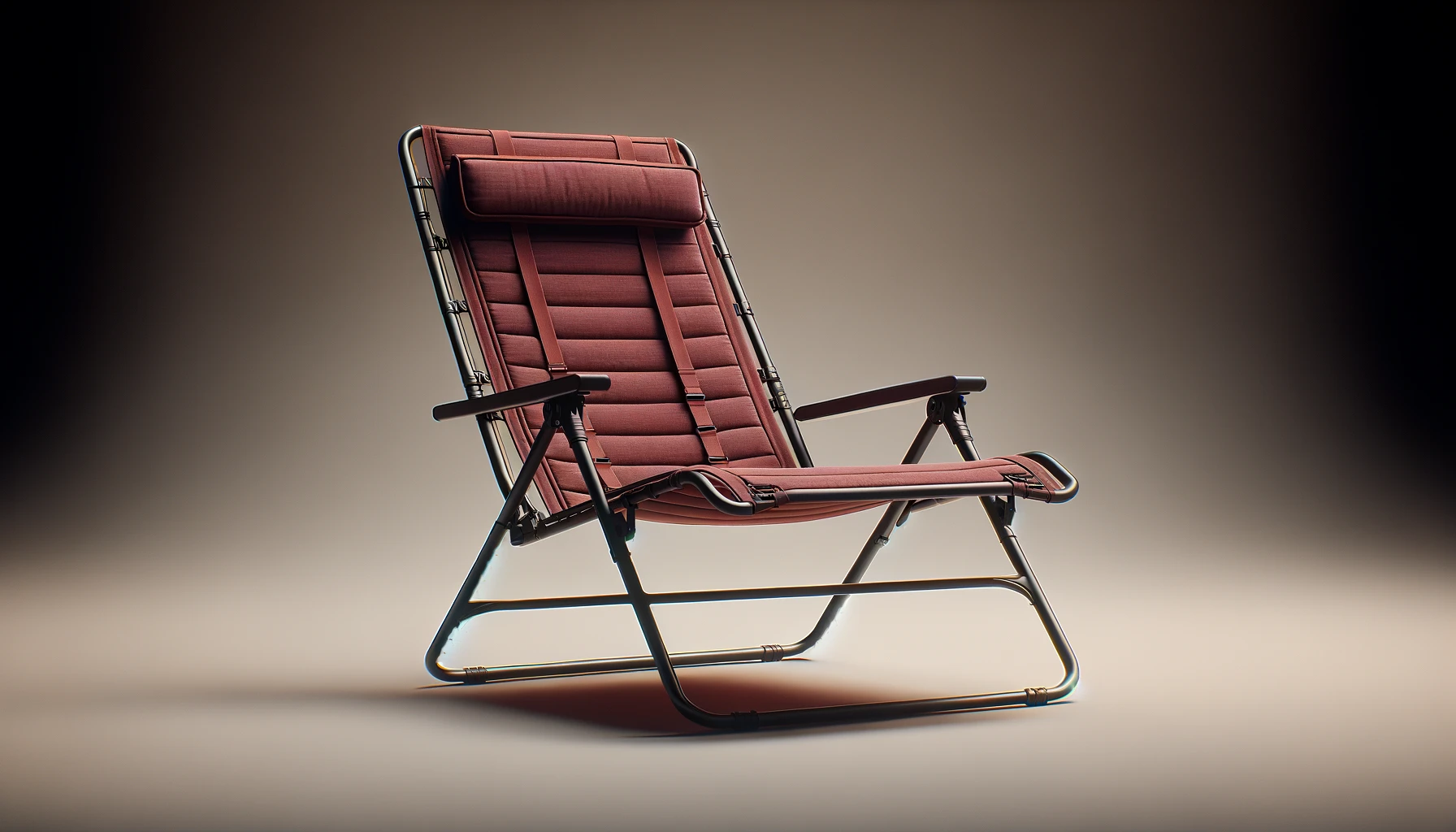 DALL·E-2024-03-18-15.57.48-A-realistic-16_9-horizontal-image-of-the-Thesis-folding-relax-chair.-The-chair-has-a-metal-frame-with-a-dark-finish-and-is-fitted-with-a-wine-red-fabr