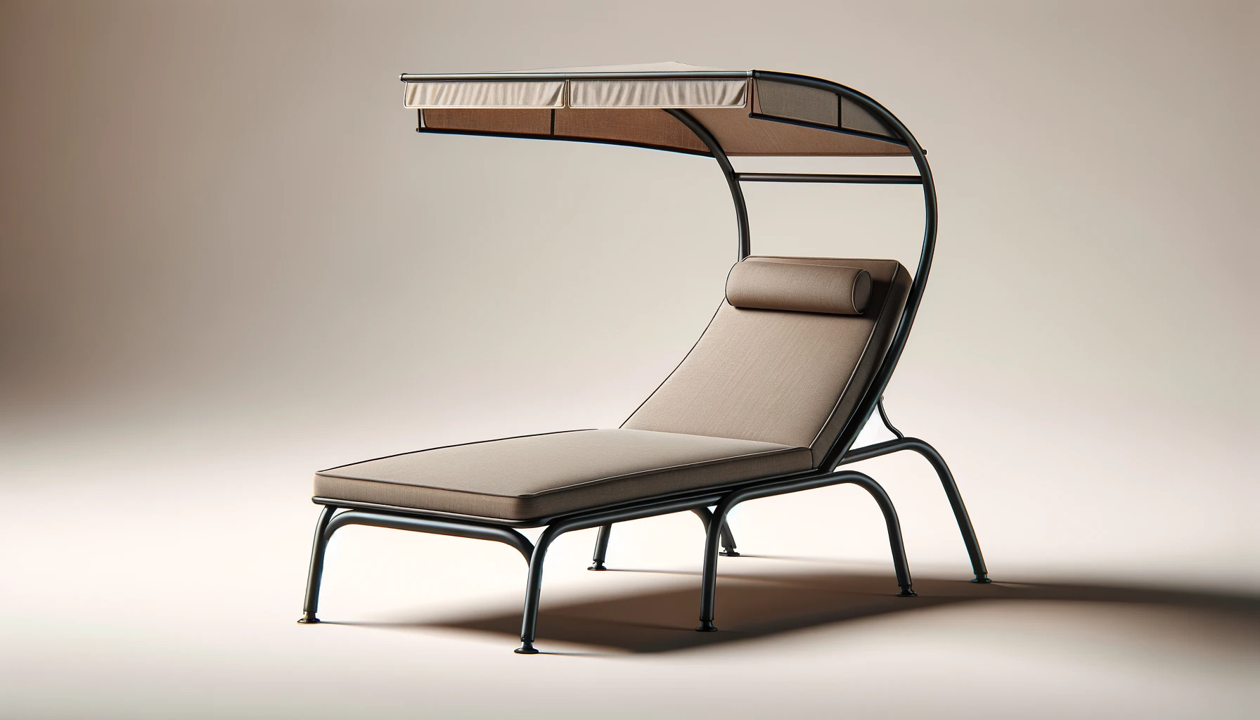 DALL·E-2024-03-18-16.03.21-A-realistic-16_9-photograph-style-image-of-a-taupe-colored-sun-lounger-on-legs-with-a-canopy.-The-lounger-has-an-elegant-curved-design-with-a-sturdy-