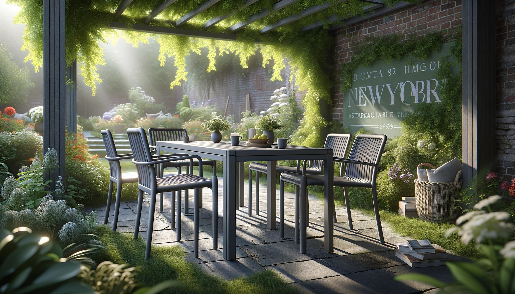 DALL·E-2024-03-18-16.36.26-A-realistic-16_9-photograph-style-image-of-a-garden-scene-with-New-York-stackable-armchairs-made-of-aluminum-in-anthracite-gray.-The-scene-includes-a-