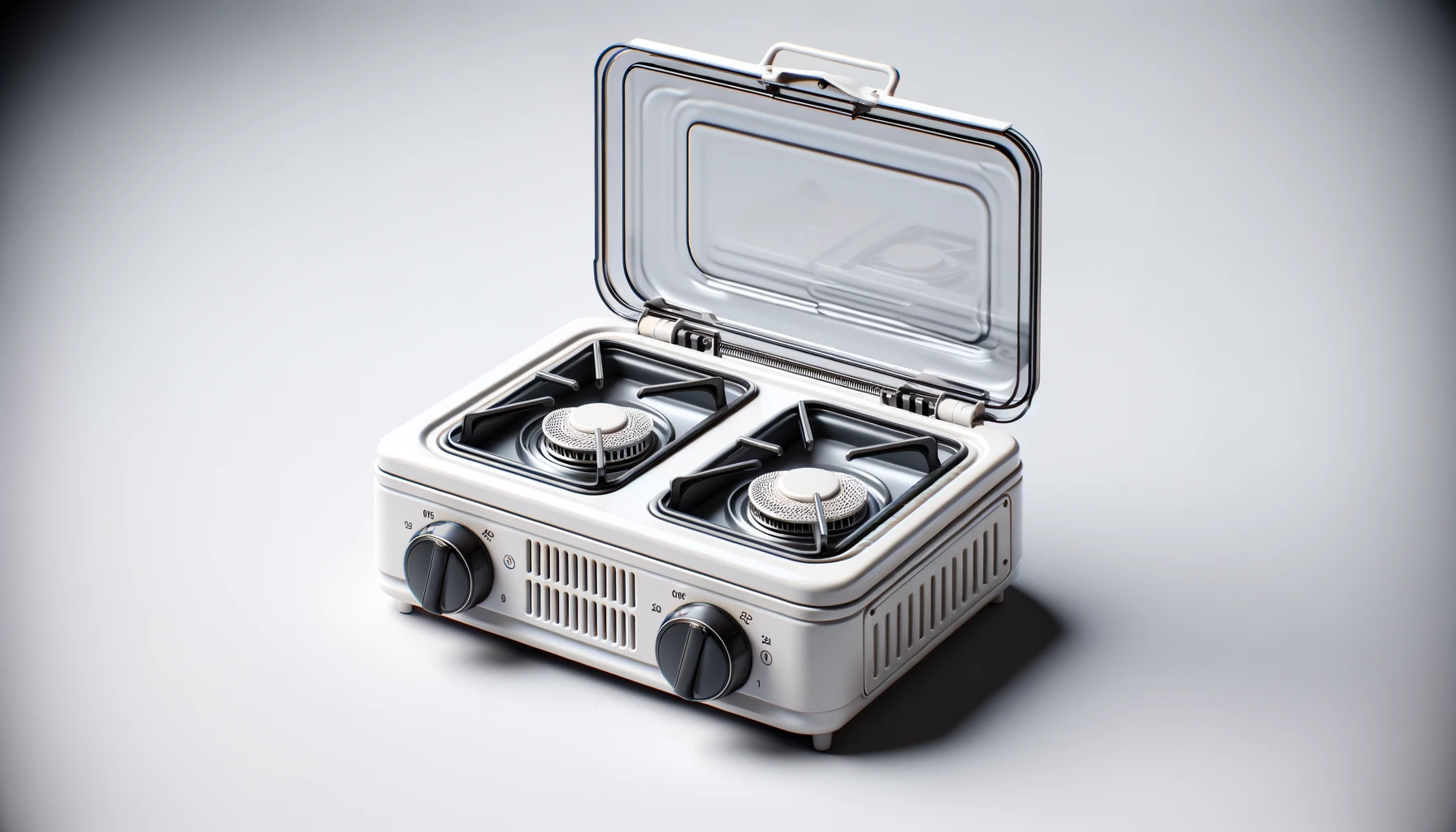 DALL·E-2024-03-19-11.51.34-Image-of-a-white-portable-gas-stove-with-two-burners.-The-stove-has-a-flat-surface-with-a-white-enamel-finish-and-a-black-grid-that-supports-the-pots