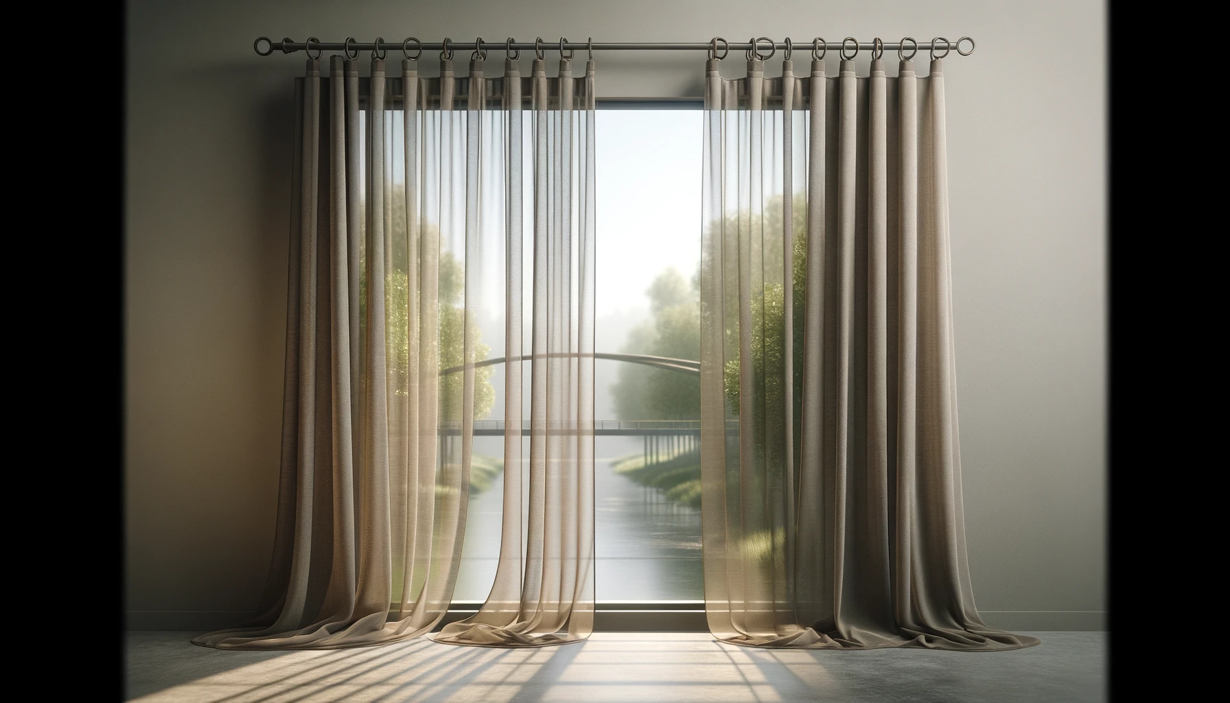 DALL·E-2024-03-19-15.14.16-A-photographic-image-displaying-a-close-up-view-of-a-sheer-taupe-colored-curtain-hanging-on-a-modern-metal-curtain-rod-with-circular-eyelets.-The-cur