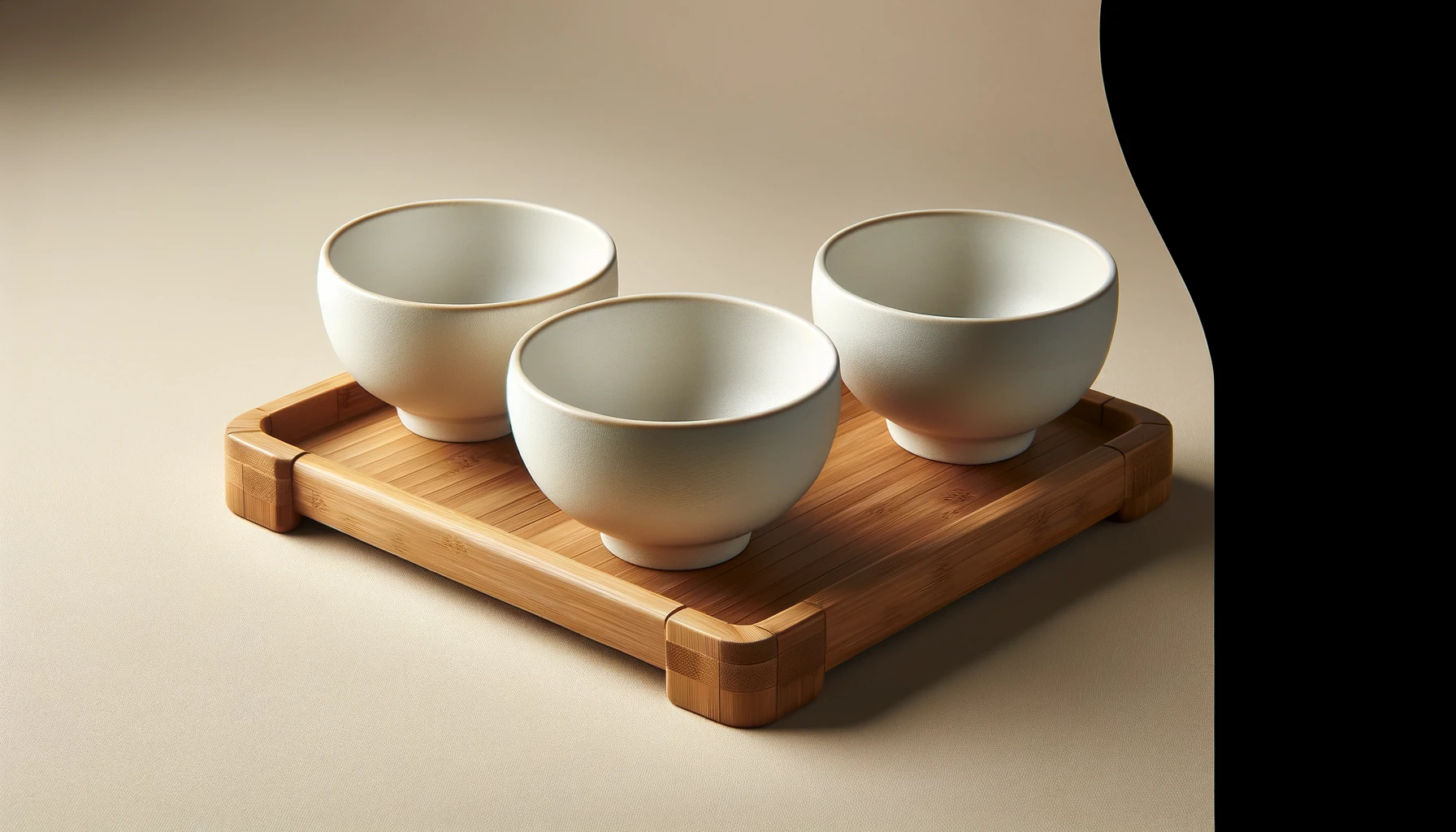 DALL·E-2024-03-19-16.17.57-Create-an-image-of-a-serving-set-consisting-of-three-white-ceramic-bowls-arranged-on-a-rectangular-bamboo-tray.-The-bowls-have-a-unique-asymmetrical-s