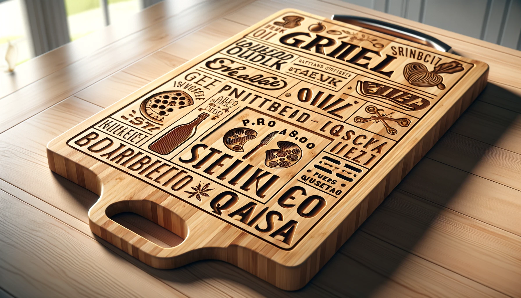 DALL·E-2024-03-19-17.13.04-A-realistic-wooden-cutting-board-made-of-bamboo-measuring-38x28-cm-with-an-engraved-design-featuring-various-food-related-words-such-as-GRILL-DRI