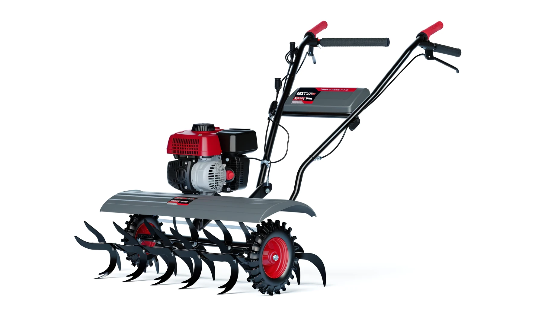 DALL·E-2024-03-19-18.21.30-Create-a-horizontal-image-of-a-garden-tiller-with-a-color-scheme-of-gray-red-and-black.-It-should-feature-a-strong-motor-on-top-with-a-visible-brand