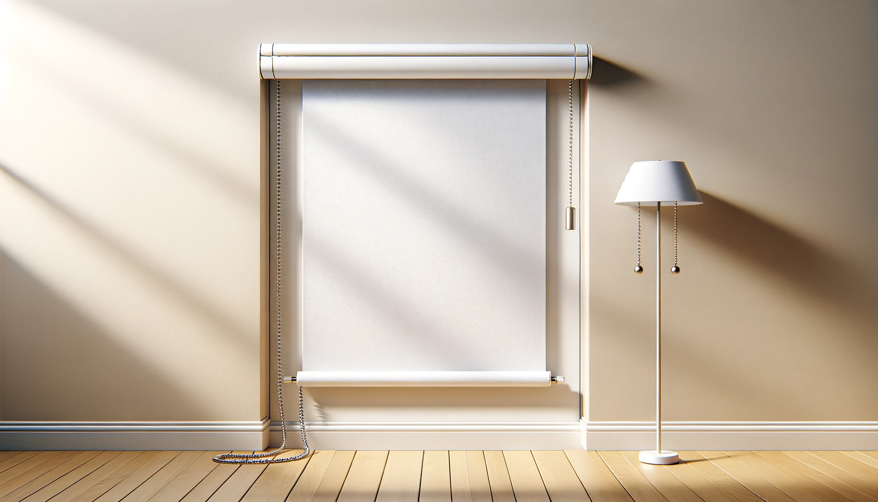 DALL·E-2024-03-20-14.02.44-This-image-should-depict-a-horizontal-view-of-a-white-roller-blind-system.-It-includes-the-white-plastic-housing-at-the-top-holding-the-rolled-up-bli