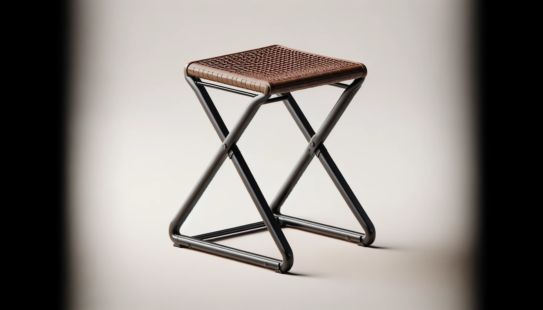 DALL·E-2024-03-20-17.39.24-A-3D-rendering-of-a-folding-stool-with-a-woven-resin-seat-in-brown-and-an-X-shaped-black-metal-frame-in-a-16_9-ratio-FullHD.-The-design-is-contempor