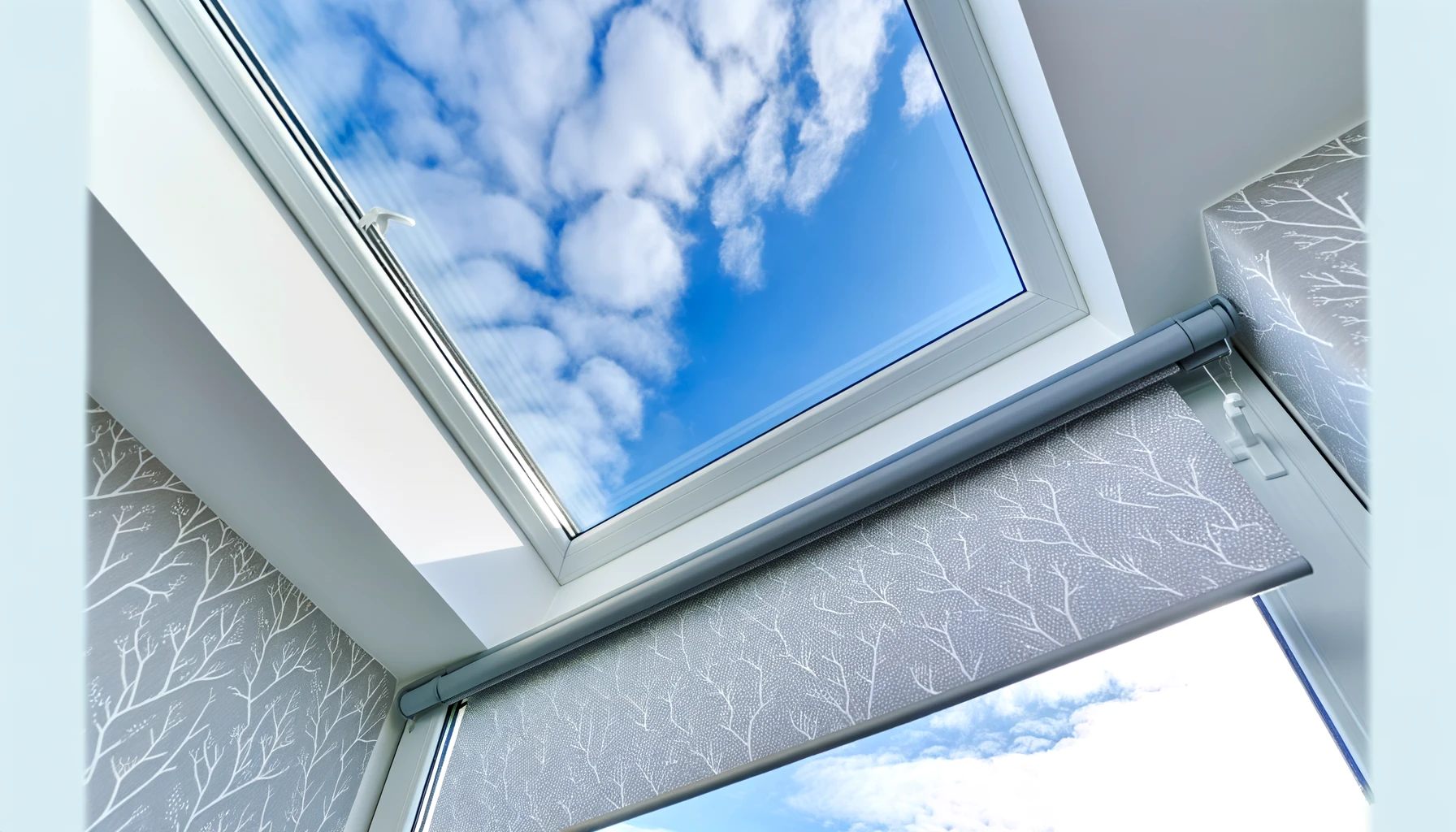 DALL·E-2024-03-21-09.27.07-A-wide-angle-image-of-a-skylight-window-with-a-light-grey-roller-blind-featuring-a-white-tree-branch-pattern.-The-blind-is-half-drawn-revealing-a-vie