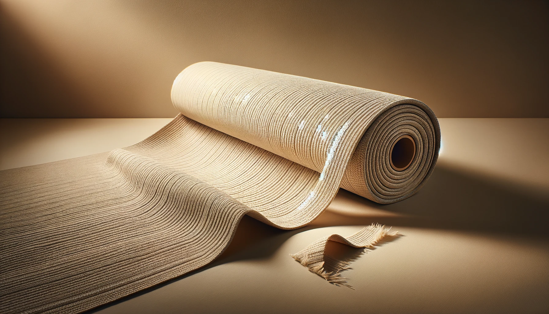DALL·E-2024-03-21-09.56.59-A-wide-angle-image-of-a-roll-of-beige-textured-fabric-partially-unrolled-lying-horizontally.-The-fabric-displays-depth-with-its-subtle-texture-and-q