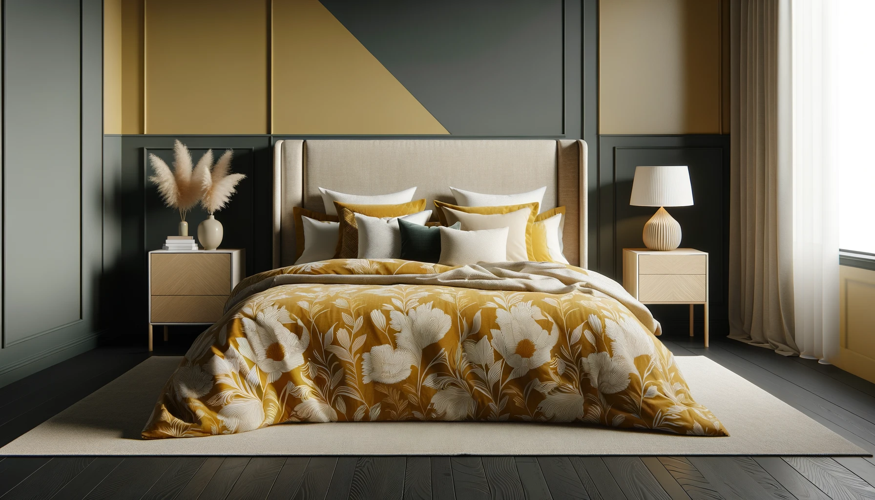 DALL·E-2024-03-21-10.43.20-A-wide-angle-image-of-a-stylish-bedroom-with-a-bed-draped-in-a-mustard-yellow-bedspread-featuring-a-bold-white-floral-pattern.-The-bed-has-a-tall-beig