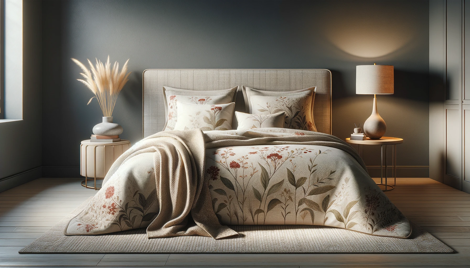 DALL·E-2024-03-21-10.56.38-An-elegant-bedroom-scene-in-a-16_9-aspect-ratio-full-HD.-The-composition-features-a-tidy-bed-with-a-textured-beige-headboard-against-a-gray-wall.-The